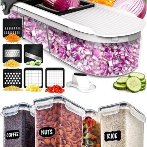 Fullstar Compact Vegetable Chopper and Storage Bins with Lids, Airtight food storage containers for Kitchen & Pantry organization. Includes Marker, Pen & Scoop (6 Pack)