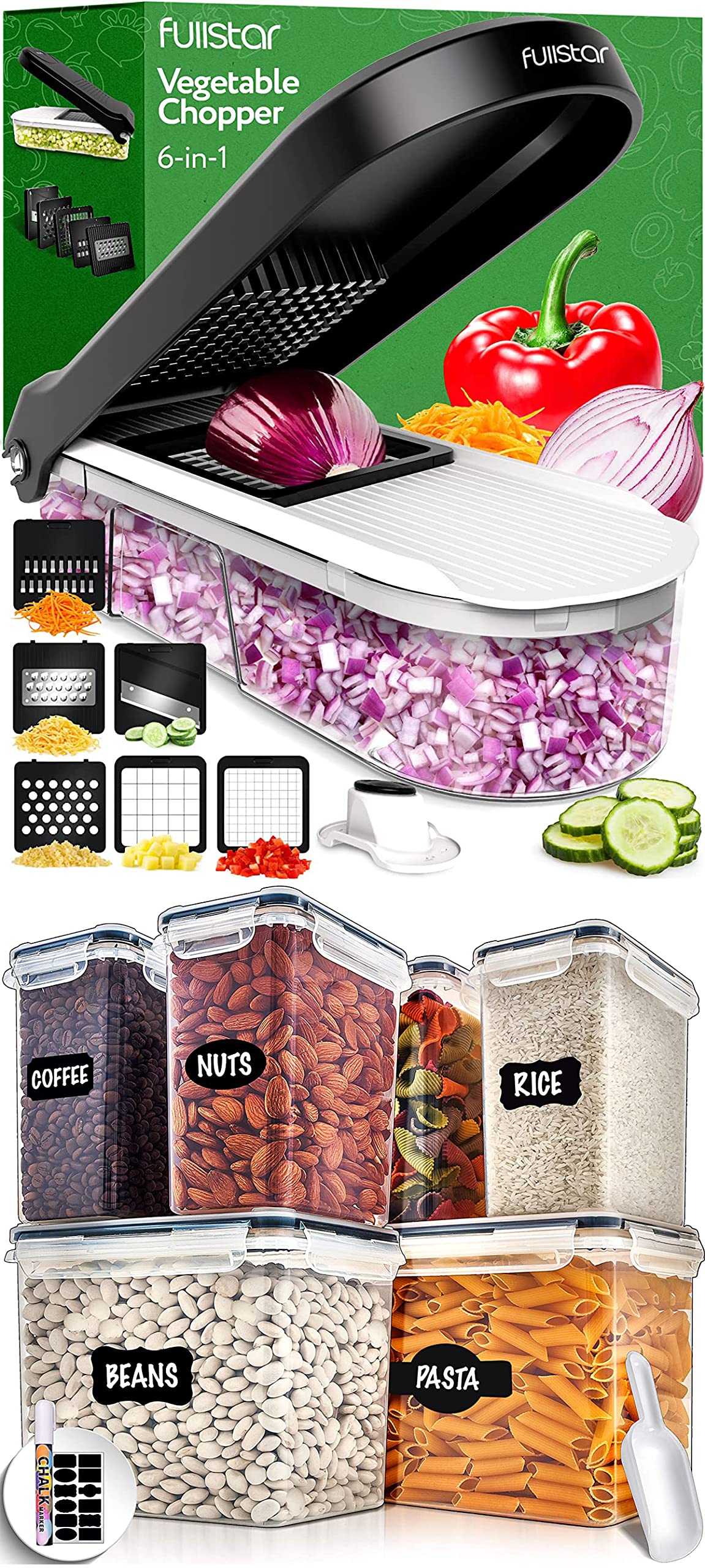 Fullstar Compact Vegetable Chopper and Storage Bins with Lids, Airtight food storage containers for Kitchen & Pantry organization. Includes Marker, Pen & Scoop (6 Pack)