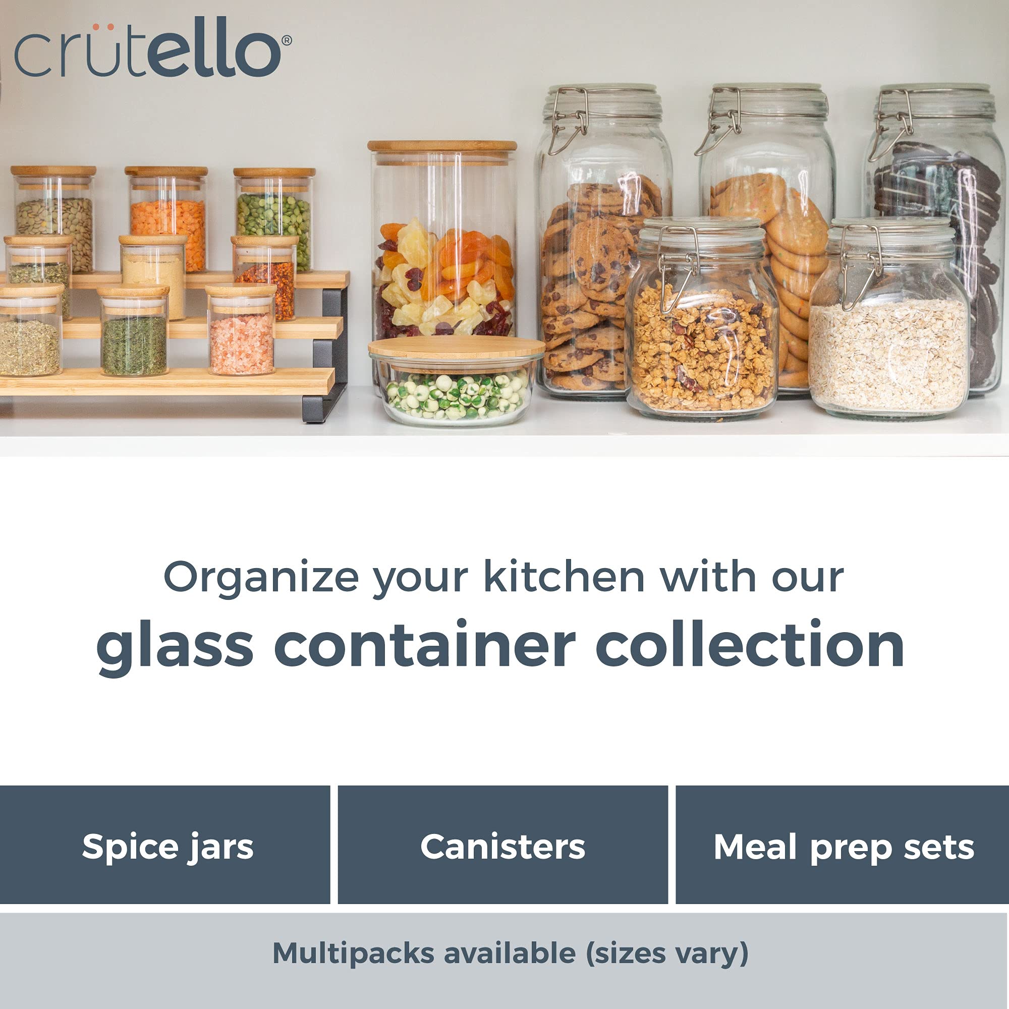 Crutello Glass Meal Prep Containers with Bamboo Lids, 2 Pack - Airtight Clear Food Storage Canisters for Kitchen Organization - A Family-Owned American Brand