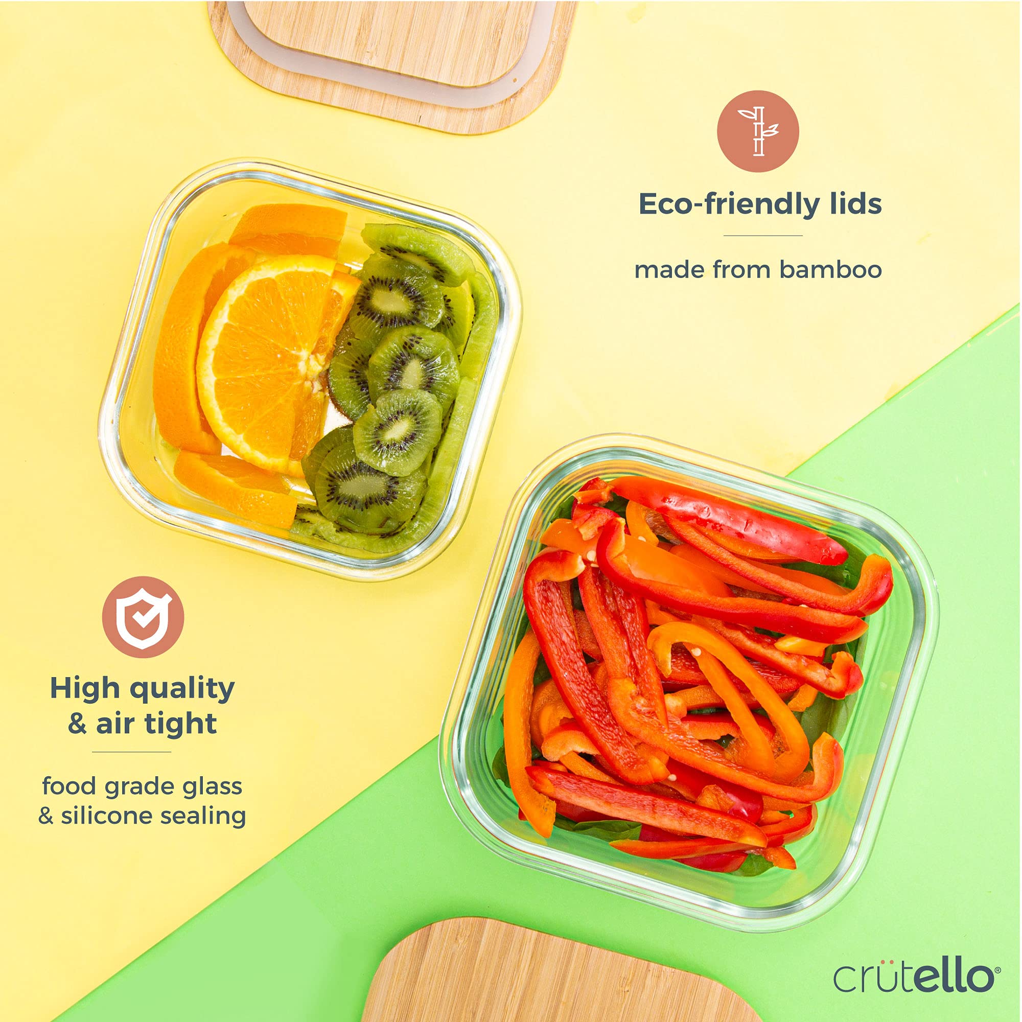 Crutello Glass Meal Prep Containers with Bamboo Lids, 2 Pack - Airtight Clear Food Storage Canisters for Kitchen Organization - A Family-Owned American Brand