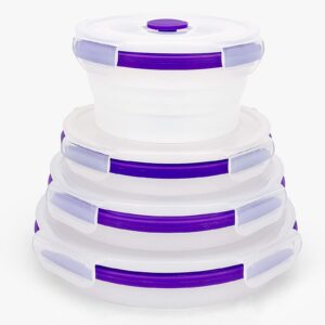ccyanzi round silicone food grade lunch containers, collapsible bowl with lids | space saving | leakproof | microwave freezer safe | silicone food conatiners for sandwich, snacks，purple