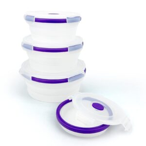 CCyanzi Round Silicone Food Grade Lunch Containers, Collapsible Bowl with lids | Space Saving | Leakproof | Microwave Freezer Safe | Silicone Food Conatiners for Sandwich, Snacks，Purple