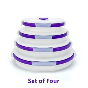 CCyanzi Round Silicone Food Grade Lunch Containers, Collapsible Bowl with lids | Space Saving | Leakproof | Microwave Freezer Safe | Silicone Food Conatiners for Sandwich, Snacks，Purple