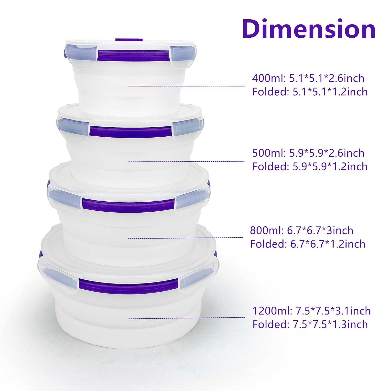 CCyanzi Round Silicone Food Grade Lunch Containers, Collapsible Bowl with lids | Space Saving | Leakproof | Microwave Freezer Safe | Silicone Food Conatiners for Sandwich, Snacks，Purple