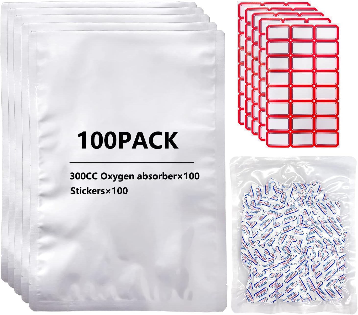 100 PCS 1Gallon Mylar Bags For Food Storage, Mylar Bags With Oxygen Absorbers - 300CC×100, Large Aluminum Mylar Bags - 15"x10"