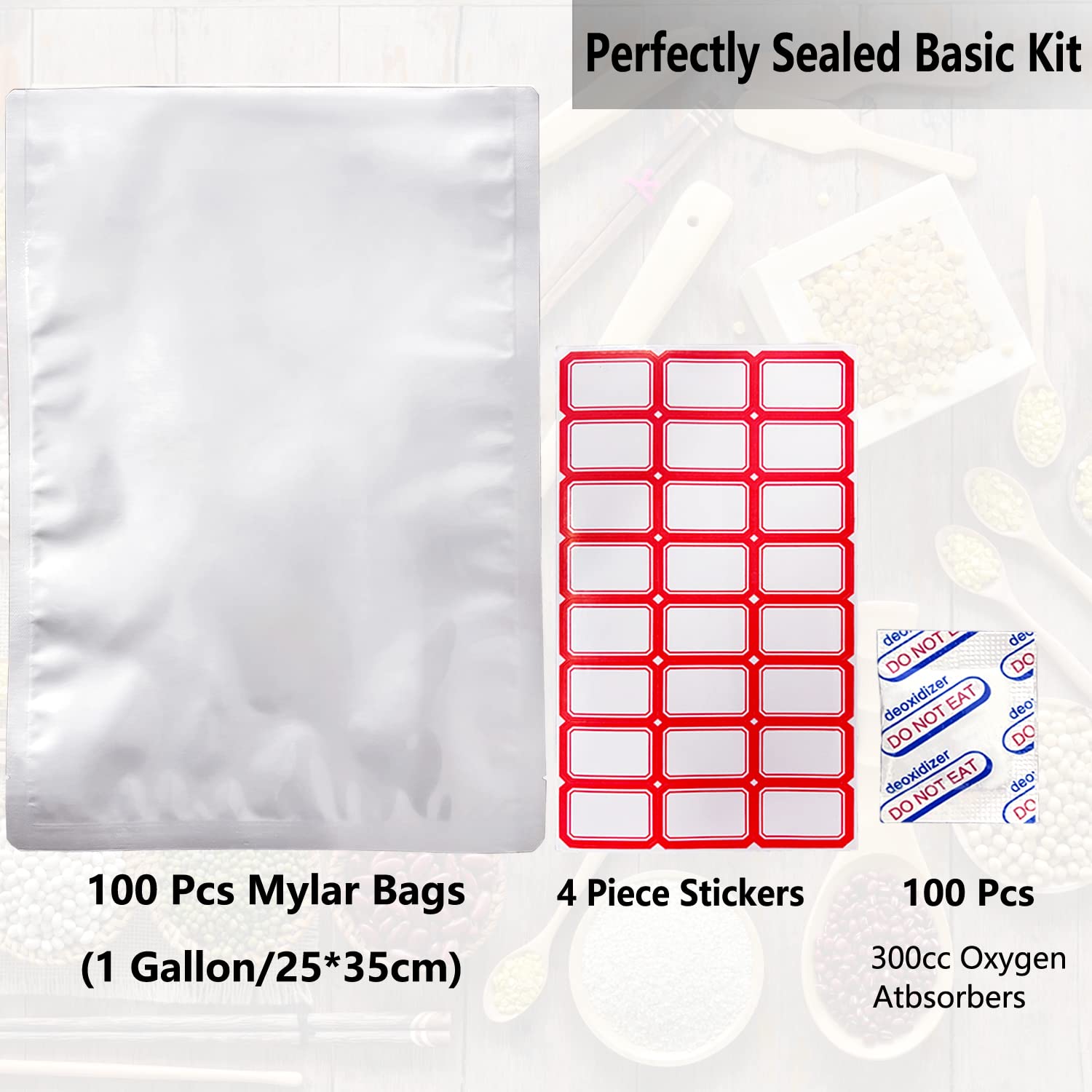 100 PCS 1Gallon Mylar Bags For Food Storage, Mylar Bags With Oxygen Absorbers - 300CC×100, Large Aluminum Mylar Bags - 15"x10"