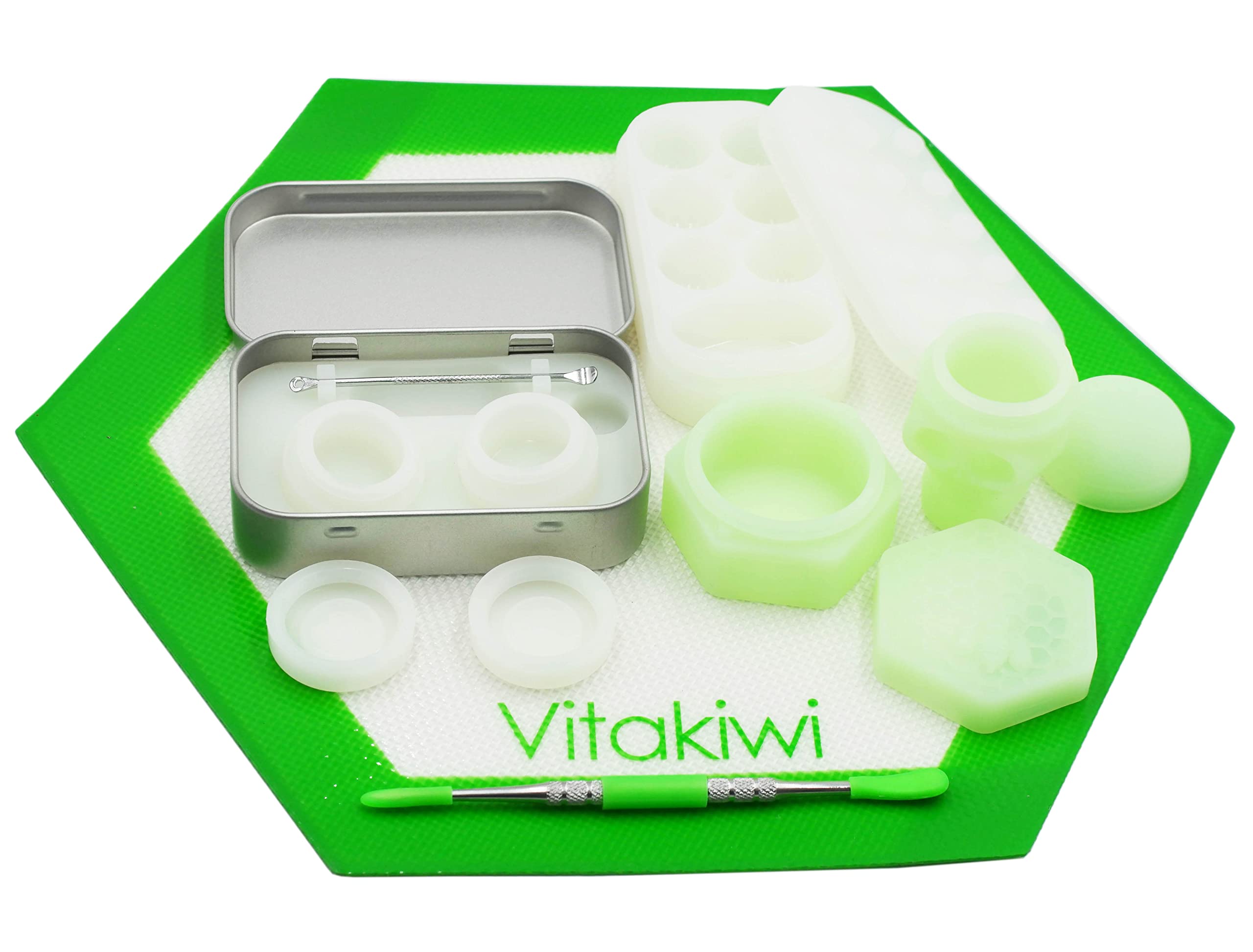 vitakiwi Silicone Wax Container 5ml 26ml 15ml Skull 34ml Multi Compartment Containers + Large Hexagon Mat + Carving Tool + Tin Caryying Box, Glow In The Dark (Green)