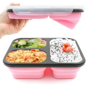 fancyfree collapsible silicone benton container, leakproof lunch box with 3 compartments, bpa free safe food storage organizer (pink)