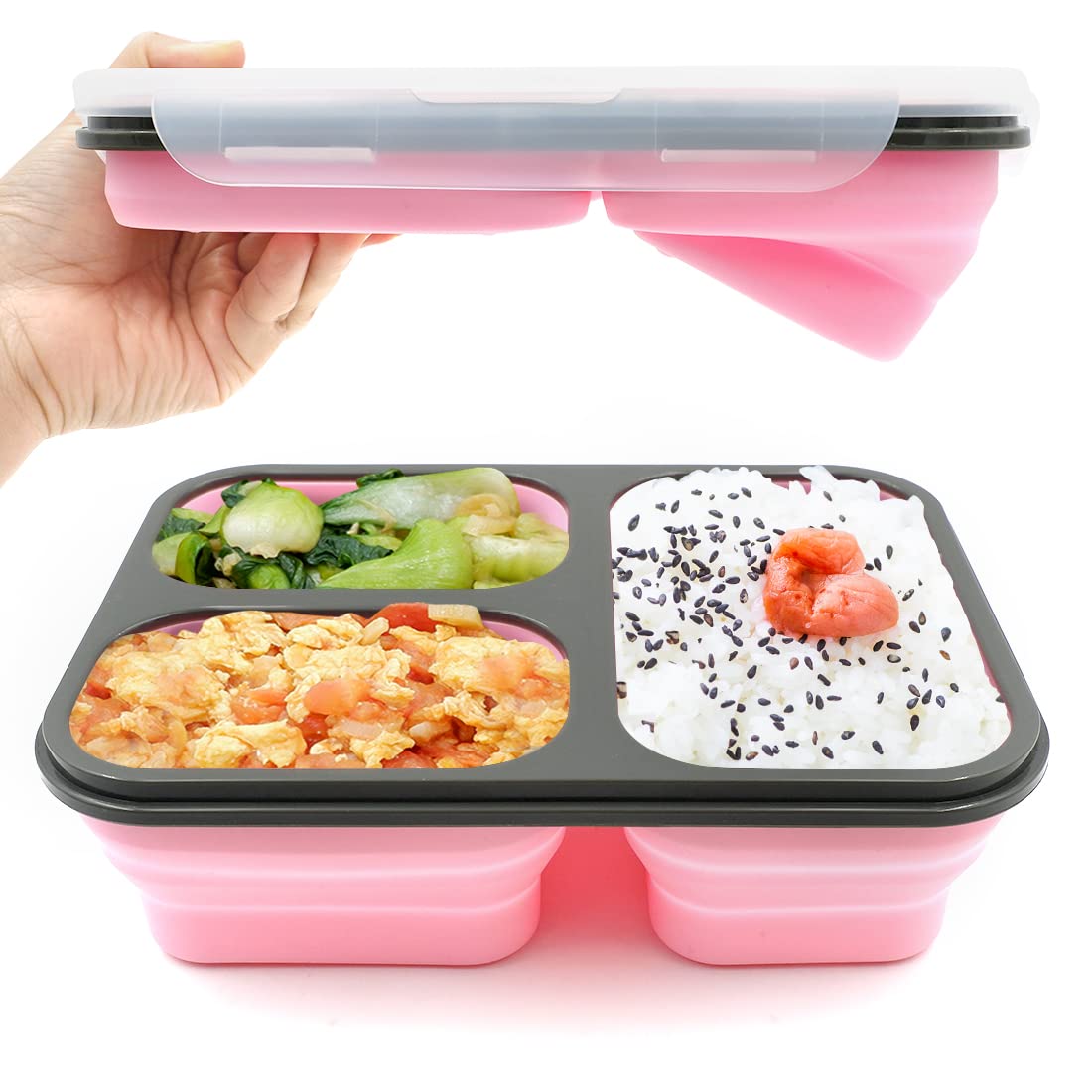 fancyfree Collapsible Silicone Benton Container, Leakproof Lunch Box with 3 Compartments, BPA Free Safe Food Storage Organizer (Pink)