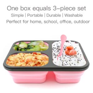 fancyfree Collapsible Silicone Benton Container, Leakproof Lunch Box with 3 Compartments, BPA Free Safe Food Storage Organizer (Pink)