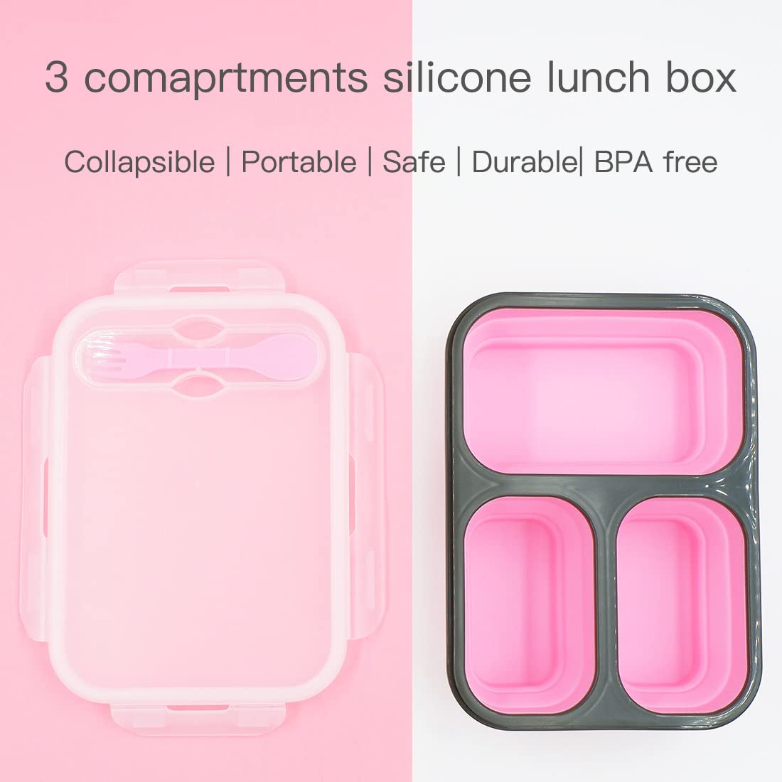 fancyfree Collapsible Silicone Benton Container, Leakproof Lunch Box with 3 Compartments, BPA Free Safe Food Storage Organizer (Pink)