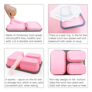 fancyfree Collapsible Silicone Benton Container, Leakproof Lunch Box with 3 Compartments, BPA Free Safe Food Storage Organizer (Pink)