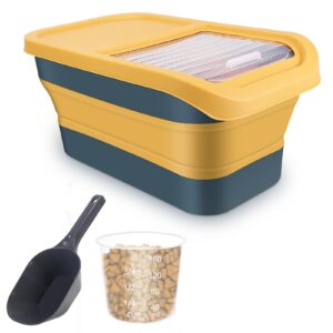 collapsible 13lb dog food storage container with transparent sliding lid, pet airtight folding rice plastic bin with measuring cup and scoop suitable for storing oat millet macaroni corn.yellow