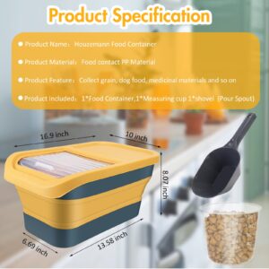 Collapsible 13LB Dog Food Storage Container with Transparent Sliding Lid, Pet Airtight Folding Rice Plastic Bin with Measuring Cup and Scoop Suitable for Storing Oat Millet Macaroni Corn.Yellow