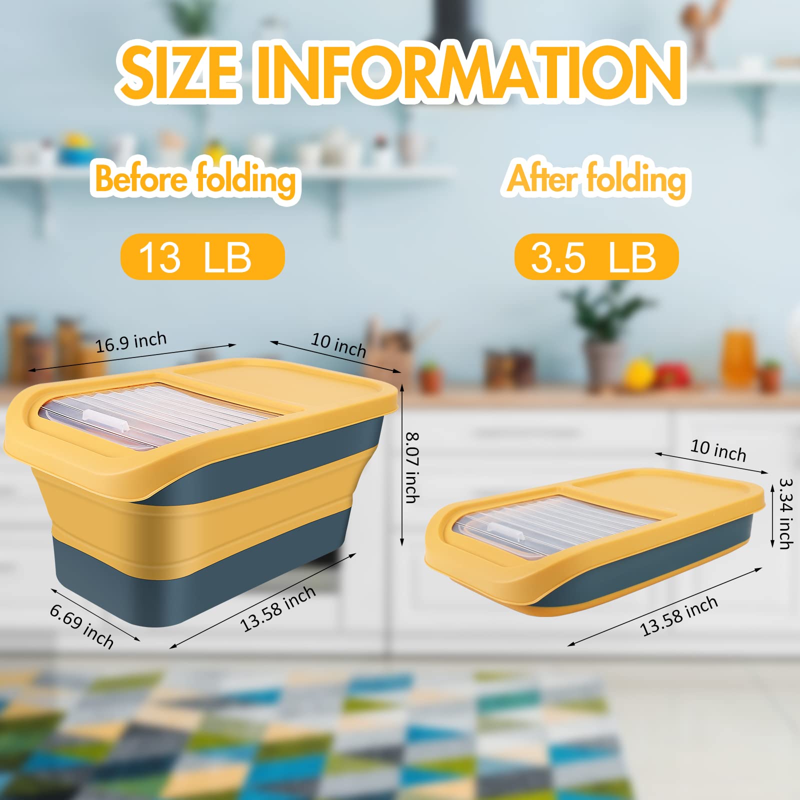 Collapsible 13LB Dog Food Storage Container with Transparent Sliding Lid, Pet Airtight Folding Rice Plastic Bin with Measuring Cup and Scoop Suitable for Storing Oat Millet Macaroni Corn.Yellow