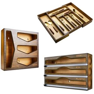 cozee bay bamboo bag storage organizer, wrap dispenser, and drawer organizer bundle for kitchen drawer (vintage brown)