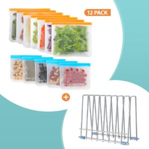 12pack reusable storage bags with drying rack, bpa free peva reusable freezer bags,reusable gallon bags, reusable sandwich bags, silicone food bags for women, men and kids