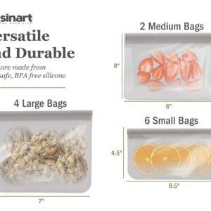 Cuisinart Reusable Food Storage Bags, 12 Pack Gray - Resealable Bags for Food, Leftovers, & Snacks to Store, Freeze or Refrigerate - BPA Free Flat Freezer Bags - Includes Small, Medium & Large