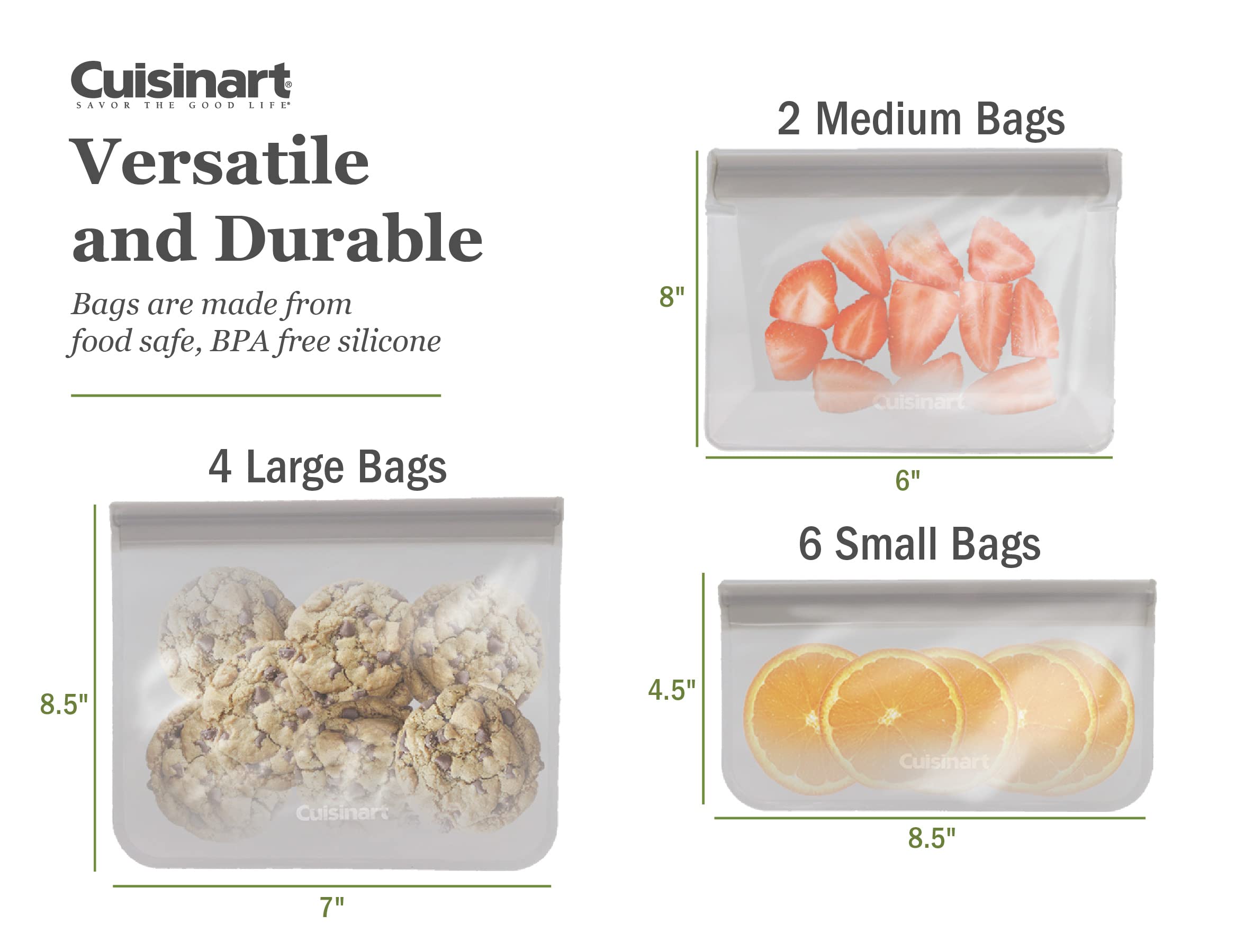 Cuisinart Reusable Food Storage Bags, 12 Pack Gray - Resealable Bags for Food, Leftovers, & Snacks to Store, Freeze or Refrigerate - BPA Free Flat Freezer Bags - Includes Small, Medium & Large