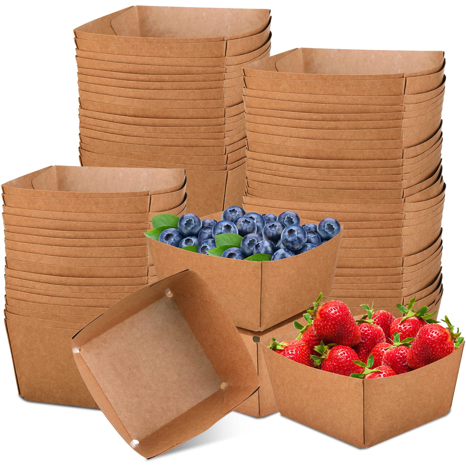 100 Pieces Large Size Berry Baskets 6 Inches Strong Kraft Paper Strawberry Baskets Berry Containers Box for Fruit Food Market Grocery Stores Backyard Party Farmer Market Supplies, Brown