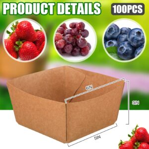 100 Pieces Large Size Berry Baskets 6 Inches Strong Kraft Paper Strawberry Baskets Berry Containers Box for Fruit Food Market Grocery Stores Backyard Party Farmer Market Supplies, Brown