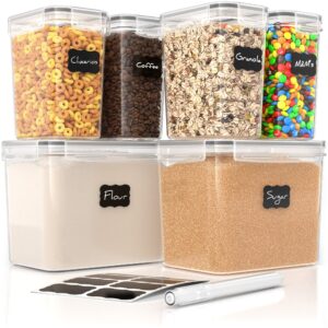 simple gourmet airtight food storage containers - set of 6 flour and sugar canisters for pantry storage and organization - marker & labels included