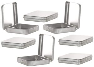 magnakoys square silver metal hinged tins 3.5 x 3.5 x .70 inches boxes for candy storage geocaching (7-pack)