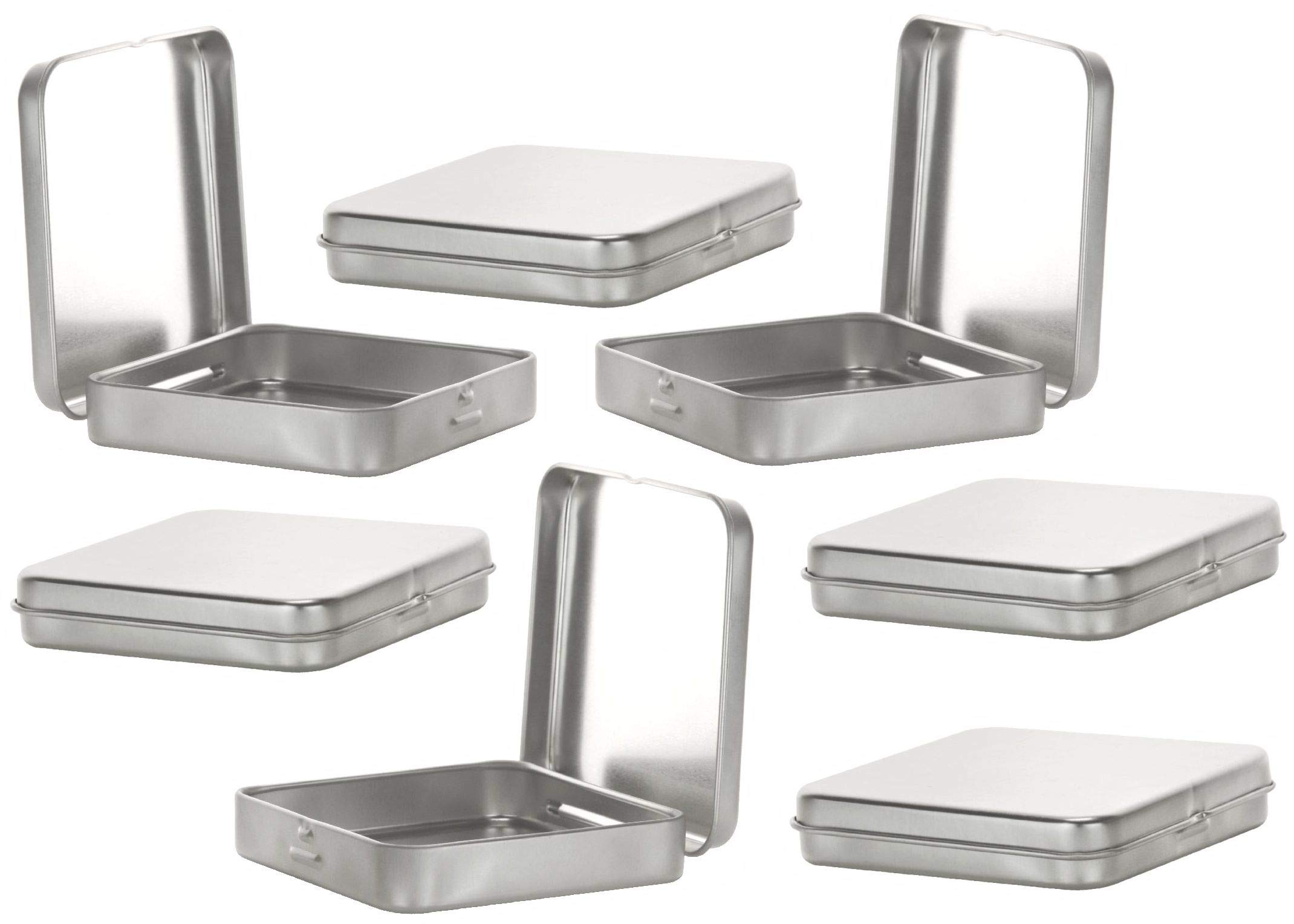 Magnakoys Square Silver Metal Hinged Tins 3.5 x 3.5 x .70 Inches Boxes for Candy Storage Geocaching (7-Pack)