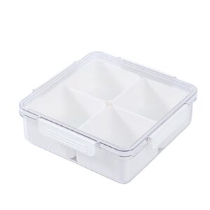 qushy white square plastic divided serving tray with lid, 4 compartments snack tray serving platter for biscuits, fruit, veggie, candies and hot pot