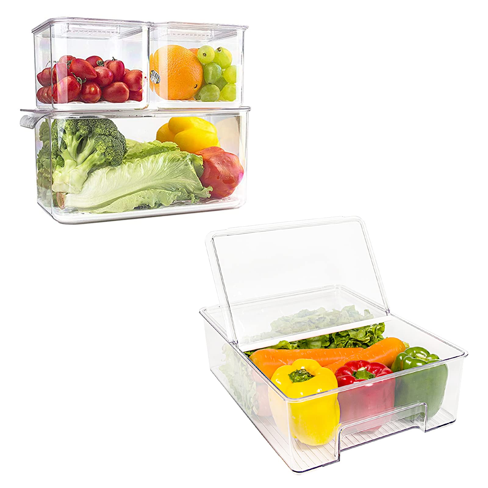 elabo Food Storage Containers Fridge Produce Saver- Stackable Refrigerator Organizer Keeper Drawers Bins Baskets with Lids and Removable Drain Tray for Veggie, Berry, Fruits and Vegetables