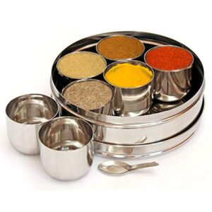 masala dabba, spice container with lid indian spice box - masala daba - with 7 compartment for spices organising 8 inch
