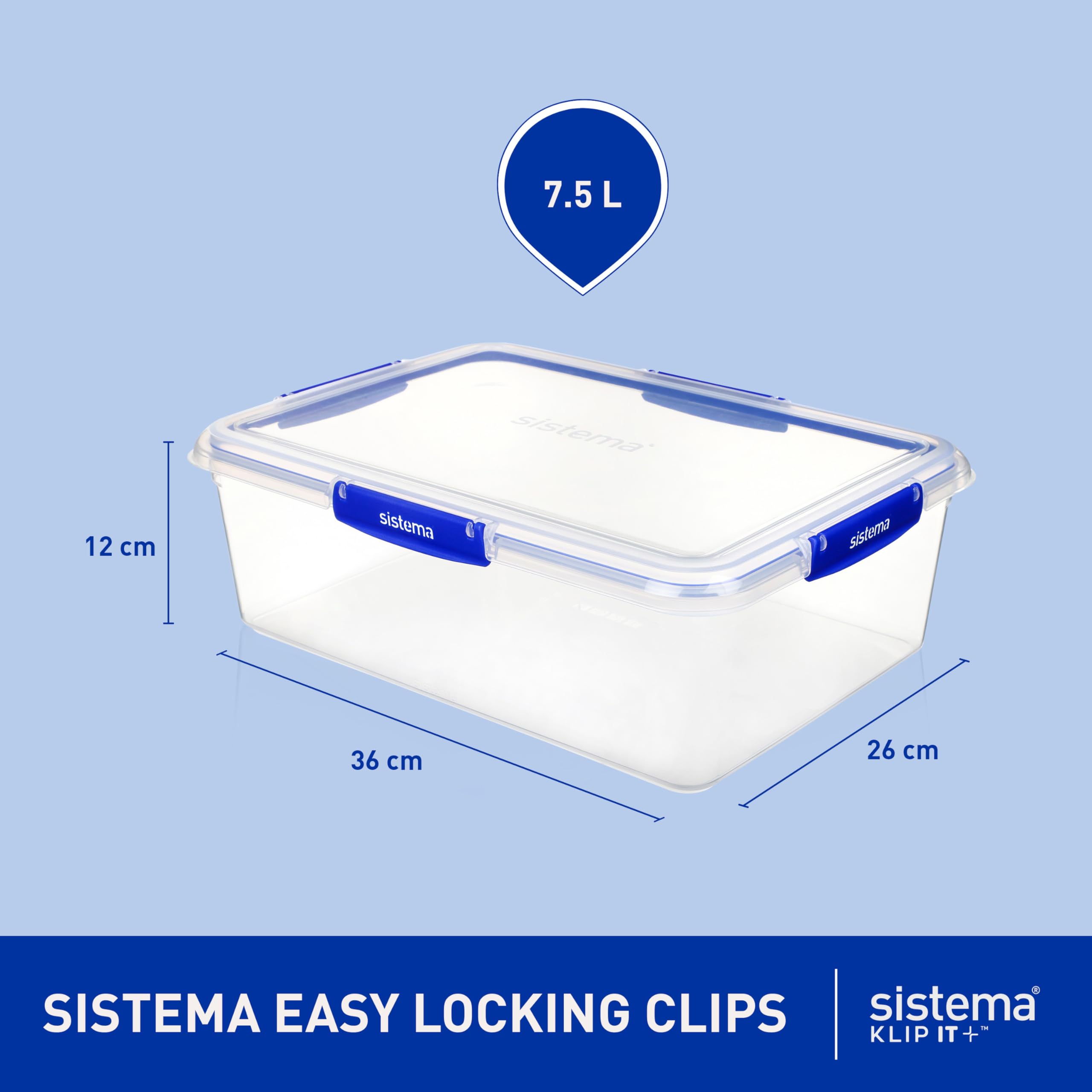 Sistema KLIP IT PLUS Food Storage Containers | 7.5 L Rectangle | Stackable & Airtight Fridge/Freezer Food Box with Lid | BPA-Free Plastic| Recyclable with TerraCycle®