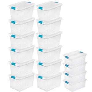 sterilite 64 quart large latching stackable clear plastic storage tote box, 12 pack & deep clip container bins for organization and storage, 4 pack