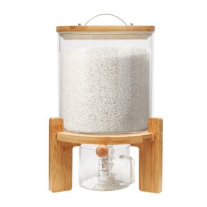 titunjian rice dispenser flour cereal container with wood stand glass grain dispenser with airtight lid food storge container for kitchen organization and pantry store (5l)