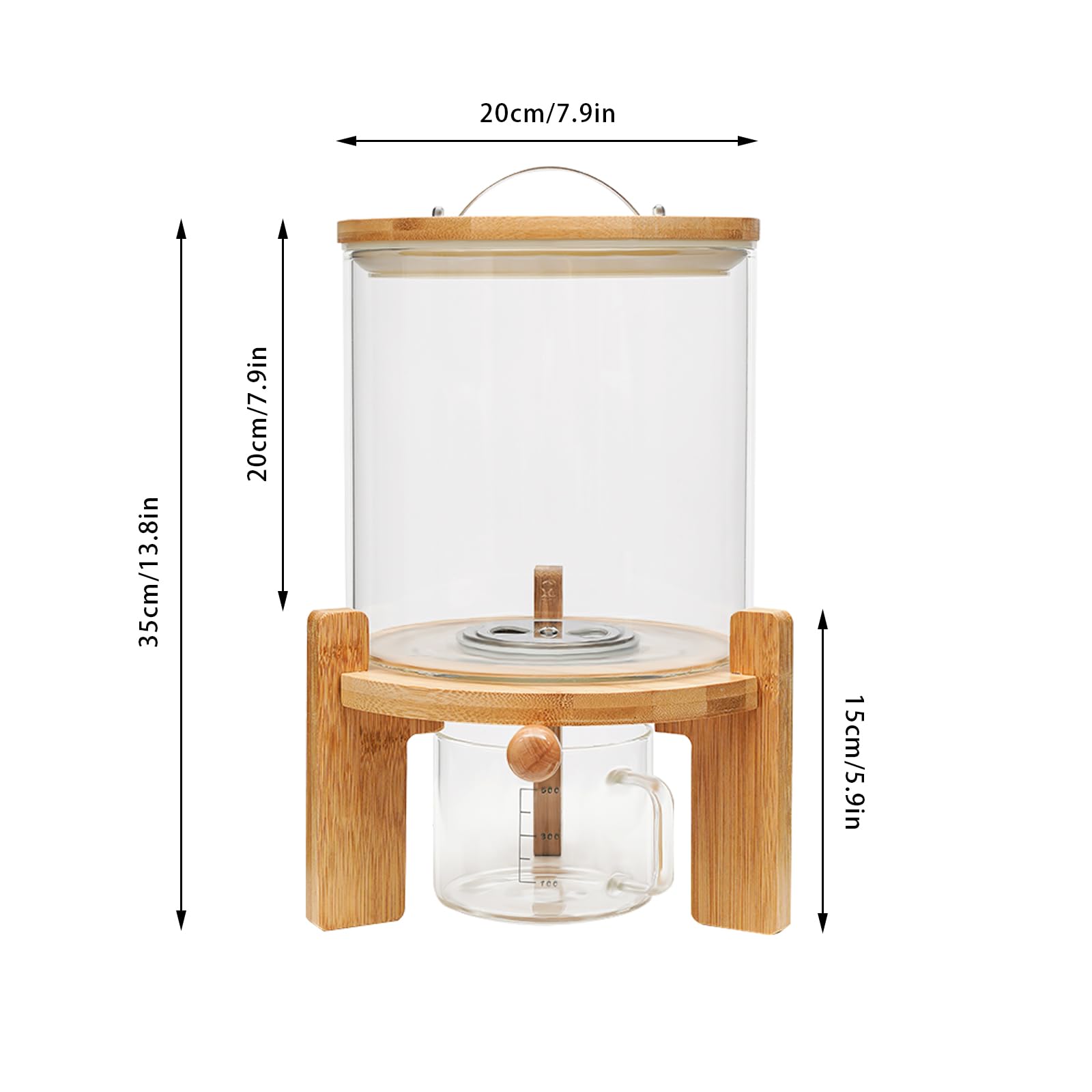 Titunjian Rice Dispenser Flour Cereal Container with Wood Stand Glass Grain Dispenser with Airtight Lid Food Storge Container for Kitchen Organization and Pantry Store (5L)