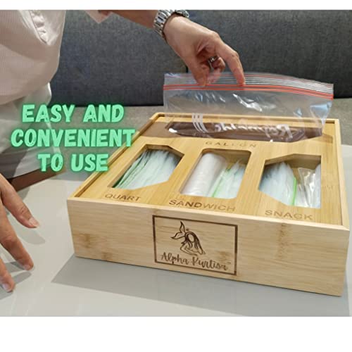 Alpha Kurtisa Bamboo Ziplock Bag Organizer for Kitchen-Walls-Drawers-Can fit Ziplock bags like Gallon-Snack-Sandwich-Quart. Includes Keyholder with Cellphone stand (Natural)