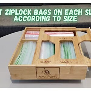 Alpha Kurtisa Bamboo Ziplock Bag Organizer for Kitchen-Walls-Drawers-Can fit Ziplock bags like Gallon-Snack-Sandwich-Quart. Includes Keyholder with Cellphone stand (Natural)