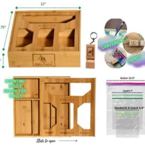 Alpha Kurtisa Bamboo Ziplock Bag Organizer for Kitchen-Walls-Drawers-Can fit Ziplock bags like Gallon-Snack-Sandwich-Quart. Includes Keyholder with Cellphone stand (Natural)