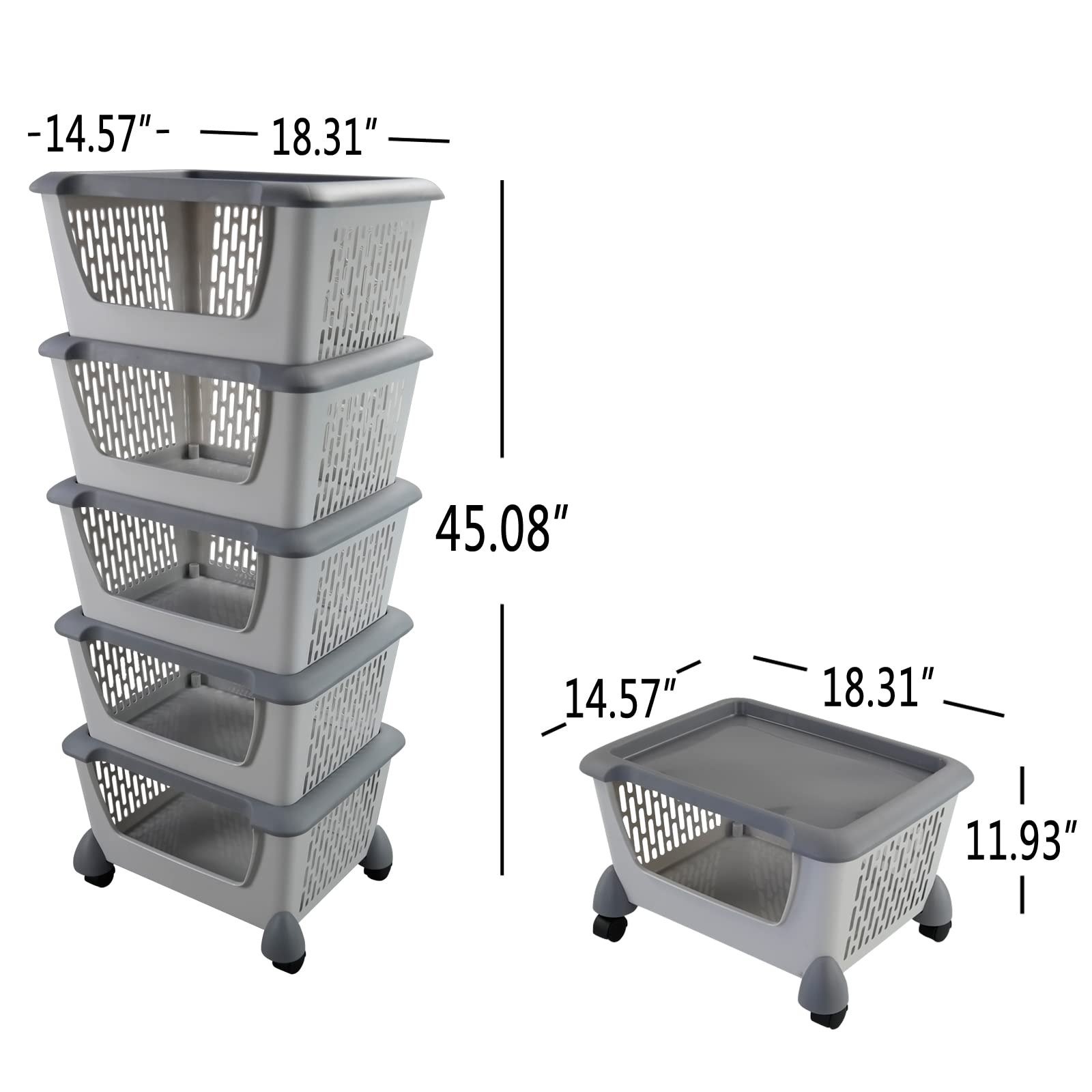 Cand 5-Pack Large Stackable Storage Bins, Stacking Baskets for Fruit, Vegeable, Toys (Grey)