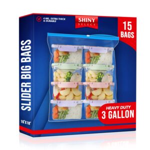 shiny select 3 gallon jumbo slider storage bag, 16x18 inches, 15 bags – resealable extra large clear plastic, 4 mil thick for moving, food meal preparation, clothing, toys, shoes, toiletries, snacks