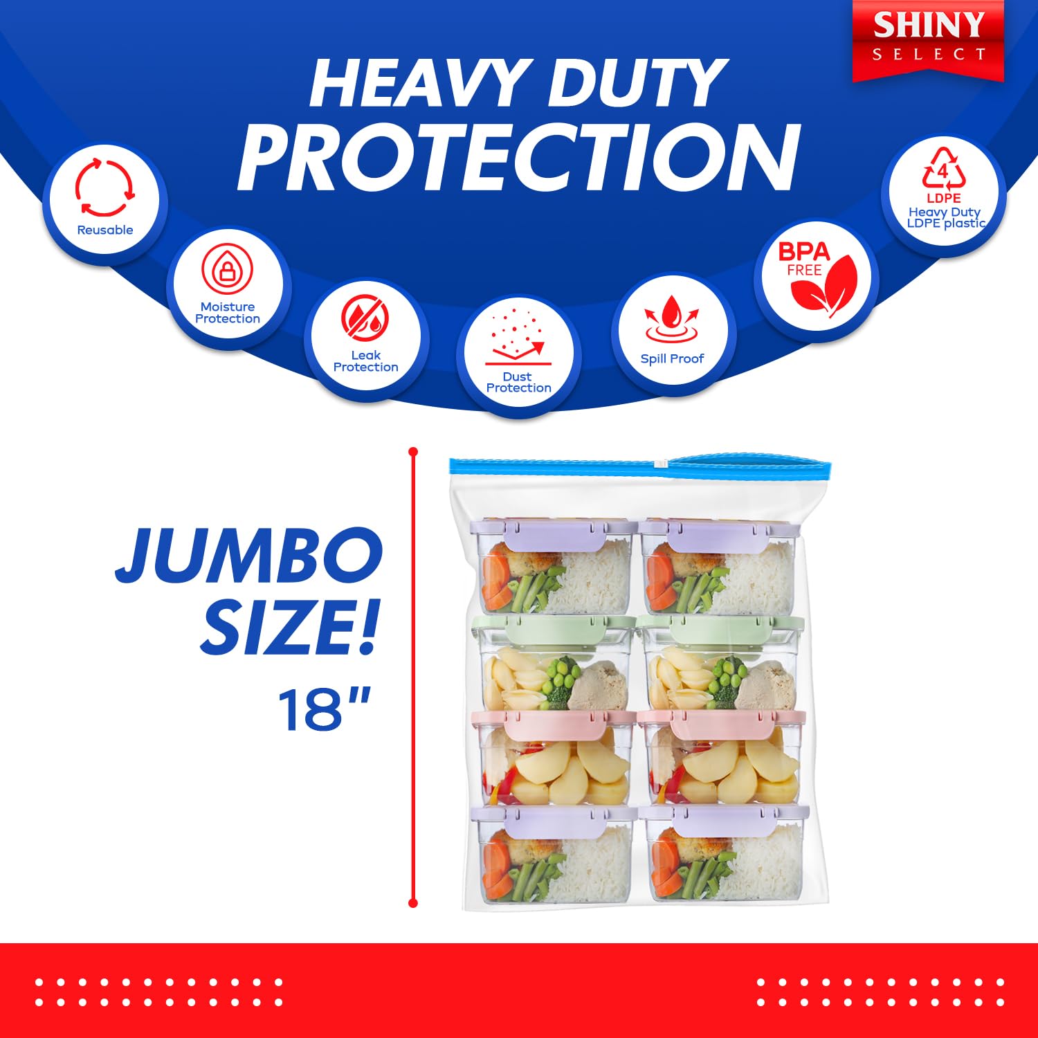 Shiny Select 3 Gallon Jumbo Slider Storage Bag, 16x18 Inches, 15 Bags – Resealable Extra Large Clear Plastic, 4 Mil Thick for Moving, Food Meal Preparation, Clothing, Toys, Shoes, Toiletries, Snacks