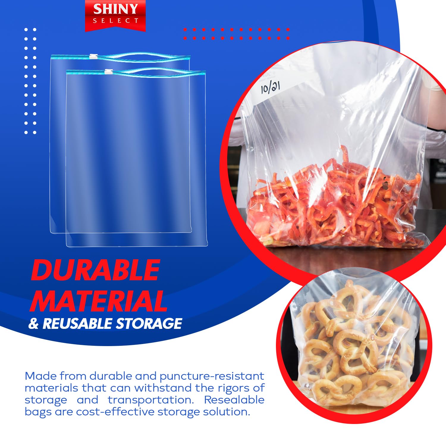 Shiny Select 3 Gallon Jumbo Slider Storage Bag, 16x18 Inches, 15 Bags – Resealable Extra Large Clear Plastic, 4 Mil Thick for Moving, Food Meal Preparation, Clothing, Toys, Shoes, Toiletries, Snacks