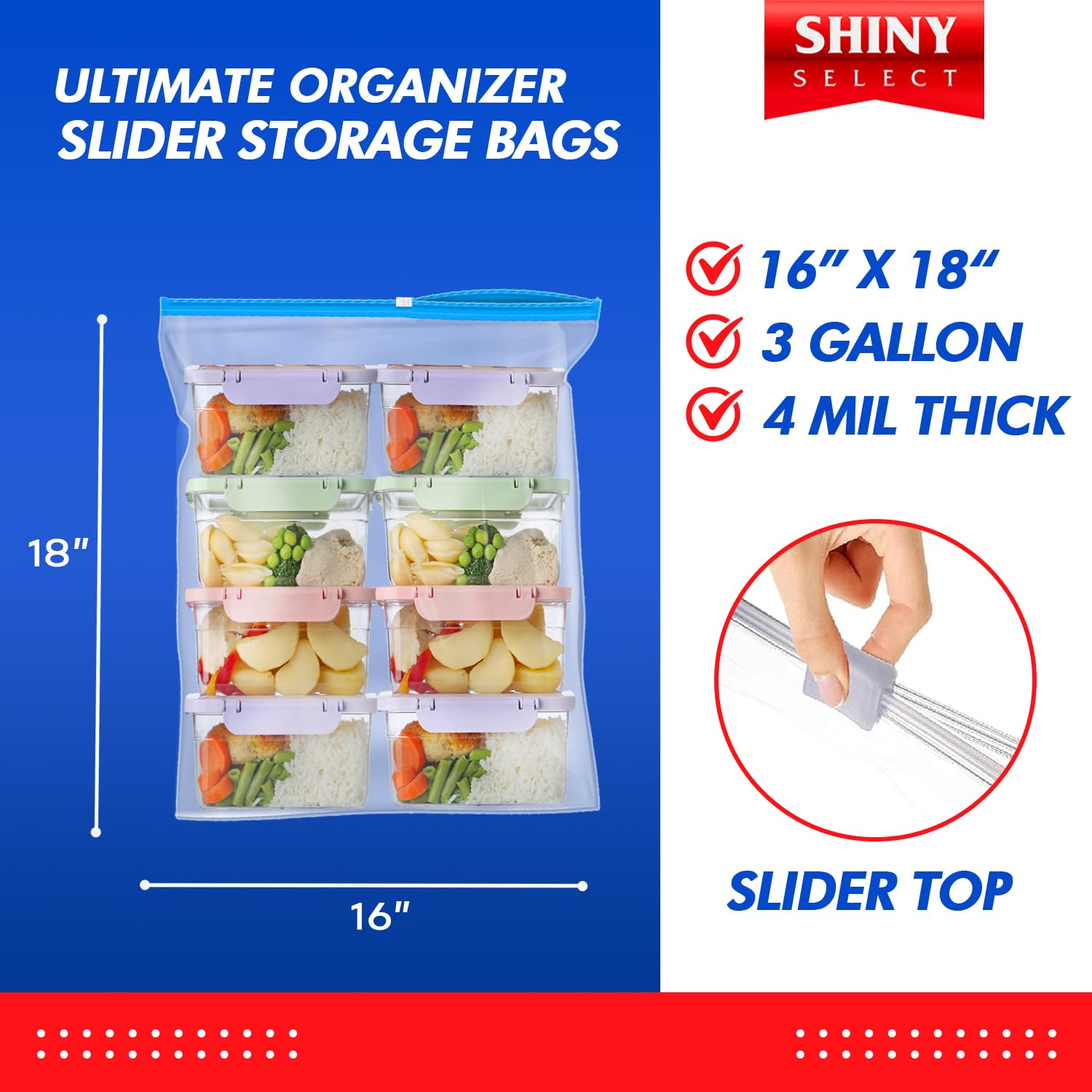 Shiny Select 3 Gallon Jumbo Slider Storage Bag, 16x18 Inches, 15 Bags – Resealable Extra Large Clear Plastic, 4 Mil Thick for Moving, Food Meal Preparation, Clothing, Toys, Shoes, Toiletries, Snacks