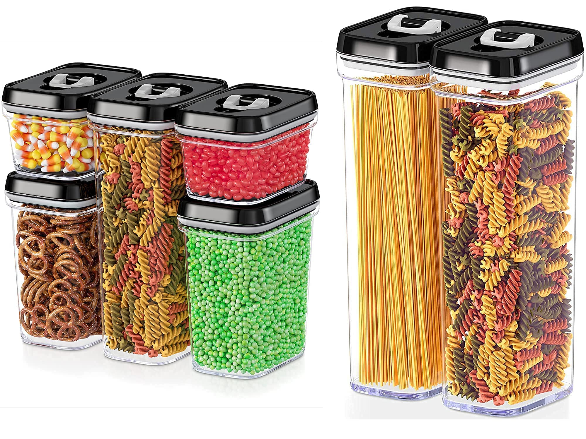 DWËLLZA KITCHEN Airtight Food Storage Containers Set - 7 PC Set - For Kitchen Pantry Organization and Storage - BPA-Free - Clear Plastic Canisters for Spaghetti, Noodles, Pasta, Snacks & Much More