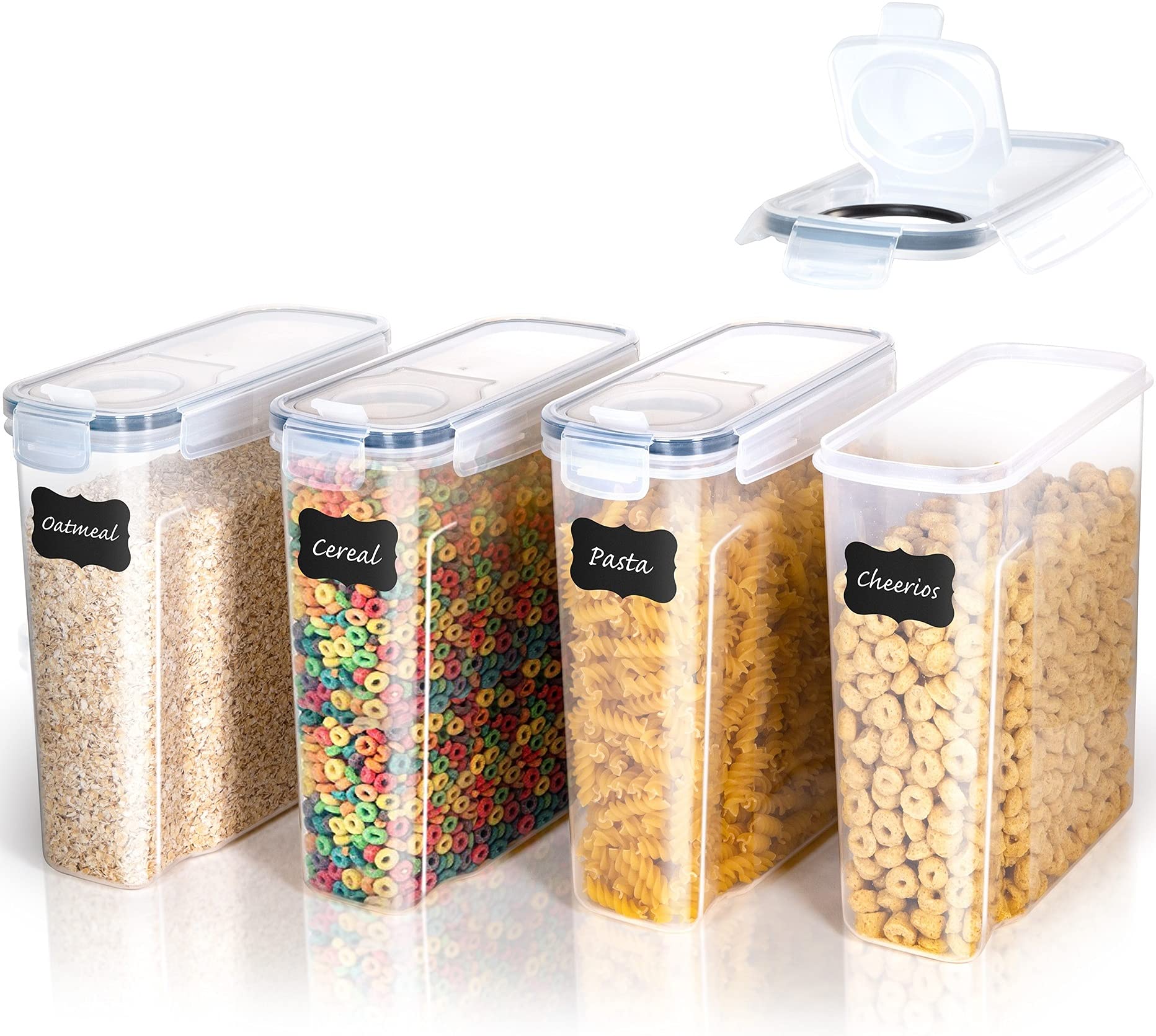 Crown Equipments Cereal Container Storage Set - Airtight Food Storage Containers [Set of 4] - Large Kitchen Dispenser Keepers (4L / 135oz) - BPA Free, Easy Pouring Lid - Labels & Marker Included