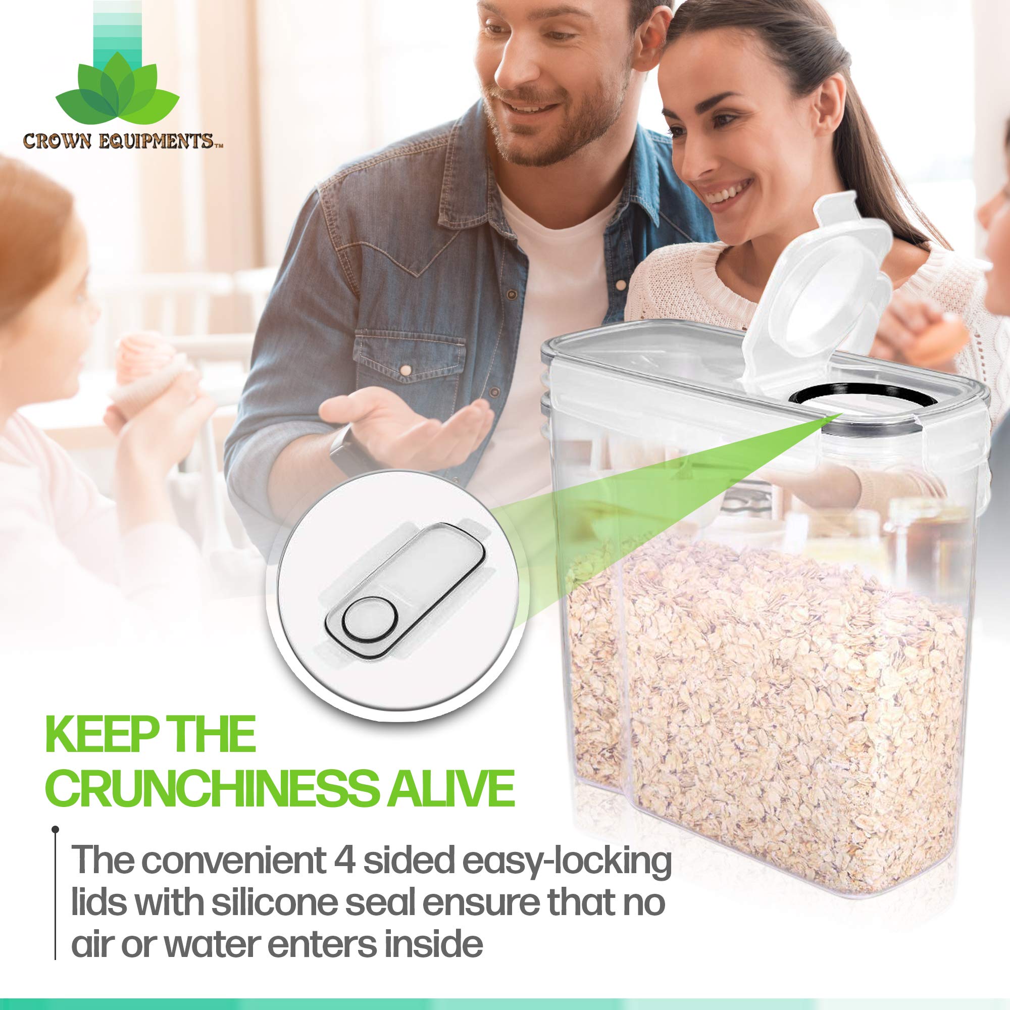 Crown Equipments Cereal Container Storage Set - Airtight Food Storage Containers [Set of 4] - Large Kitchen Dispenser Keepers (4L / 135oz) - BPA Free, Easy Pouring Lid - Labels & Marker Included