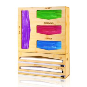 brady unlimited storage bag organizer, foil & plastic wrap dispenser with cutters, 6in1 bamboo bag organizer for kitchen drawer & wall mount-gallon,quart,sandwich,snack, foil & plastic holders