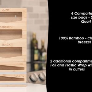 Brady Unlimited Storage Bag Organizer, Foil & Plastic Wrap Dispenser with Cutters, 6in1 Bamboo Bag Organizer for Kitchen Drawer & Wall Mount-Gallon,Quart,Sandwich,Snack, Foil & Plastic Holders