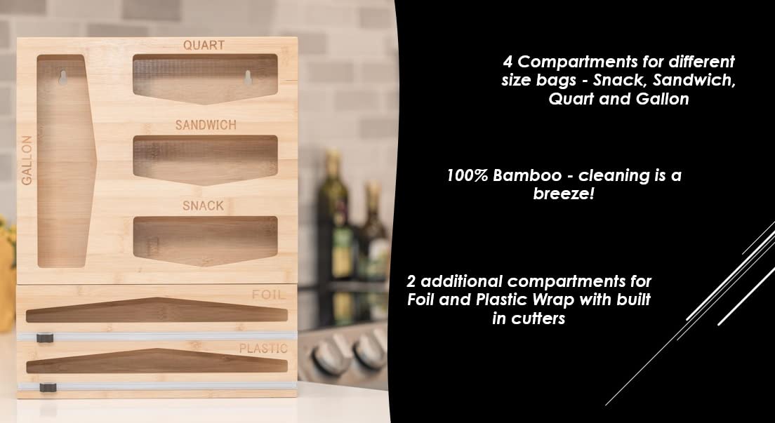 Brady Unlimited Storage Bag Organizer, Foil & Plastic Wrap Dispenser with Cutters, 6in1 Bamboo Bag Organizer for Kitchen Drawer & Wall Mount-Gallon,Quart,Sandwich,Snack, Foil & Plastic Holders