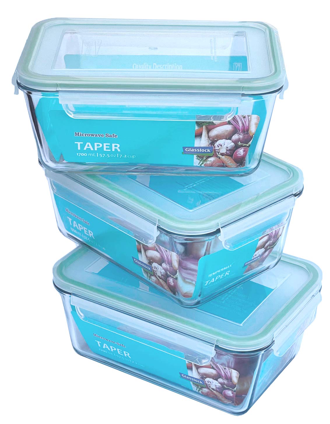 Glasslock Taper Rectangular Glass Food-Storage Container with Locking Lids Anti-Spill Microwave Safe 57.5 oz / 1700 ml - 3 Container Set